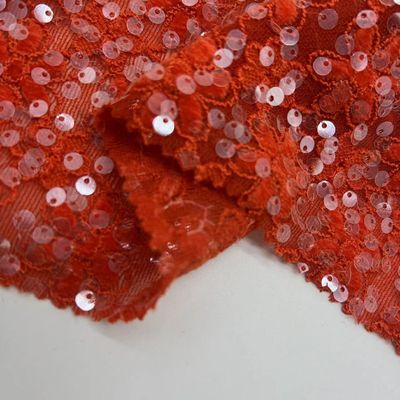 Glitzy Sequins Embroidery Design 100% Polyester Red Color Fabric For Dresses