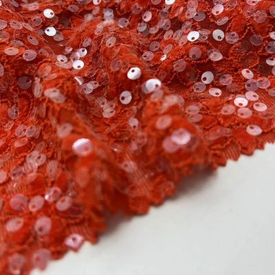 Glitzy Sequins Embroidery Design 100% Polyester Red Color Fabric For Dresses