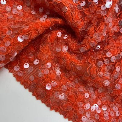 Glitzy Sequins Embroidery Design 100% Polyester Red Color Fabric For Dresses