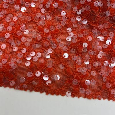 Glitzy Sequins Embroidery Design 100% Polyester Red Color Fabric For Dresses